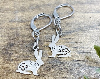 Easter Bunny Earrings, Bunny Dangle Earrings, Rabbit Earrings, Easter Jewelry, Easter Earrings, Stainless Steel Earrings, Floral Earrings