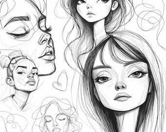 50 Female fine line Procreate Stamps