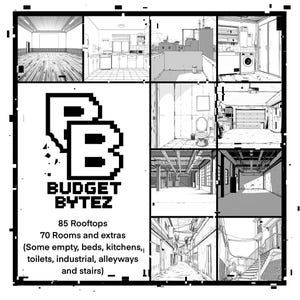 以下が含まれることがあります： 「BUDGET BYTEZ」のテキストとピクセル化された「BB」ロゴが特徴の白黒グラフィック。画像は9つのセクションに分かれており、それぞれ屋上、部屋、工業地帯など、さまざまな建築シーンを描いています。テキストには、85の屋上と70の部屋とエクストラが記載されています。