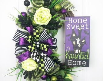 Halloween wreath for front door, haunted home sweet home, floral, deco mesh Halloween decor, purple and green wreath, housewarming gift