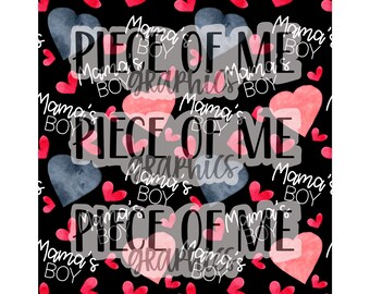 May include: A black background with a repeating pattern of red and blue watercolor hearts. The text "PIECE OF ME" is repeated throughout the pattern in white and black.