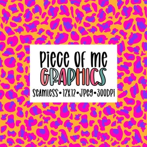May include: A seamless digital paper pattern featuring a bright yellow background with pink and purple leopard spots. The text "Piece of me Graphics" is displayed in a white box with a black outline. The text "Seamless - 12x12 - Jpeg - 300dpi" is displayed below the text "Piece of me Graphics".