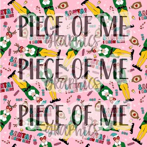 May include: A pink background with a repeating pattern of a cartoon elf with the text "Piece of Me" repeated three times in black.