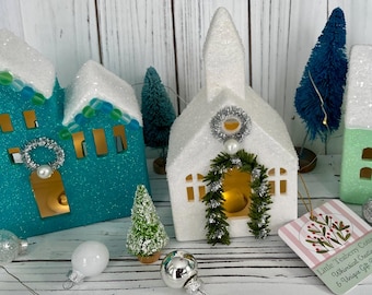 Kitschig | Retro Mid-Century Putz Häuser | Keramik Weihnachtsdorf | Weihnachtshäuschen | Vintage Glitzer Haus Set | Handarbeit | Küstenleben