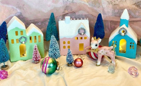 Kitschy | Mid-Century | Vintage Ceramic Putz Houses | Christmas Cottage | Village Set | Glitter House | Handmade | Vintage Vibe | Retro Chic