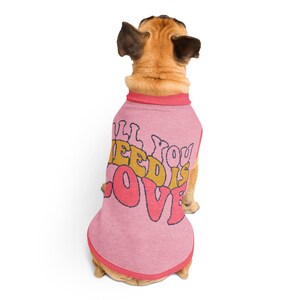 Puede incluir: Una camiseta rosa claro para perros con el texto "All You Need Is Love" en una fuente retro. La camiseta tiene cuello y ribetes rojos. El perro es de color marrón claro.