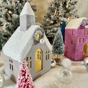 Kitschy | Cute Mid-Century Putz House | Ceramic X-mas Village | Christmas Cottage | Vintage Glitter House | Handmade | Lilac | Highland Park