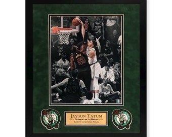 Jayson Tatum Photo Custom Framed to 16x20 "Dunks Over Lebron James" Plaque