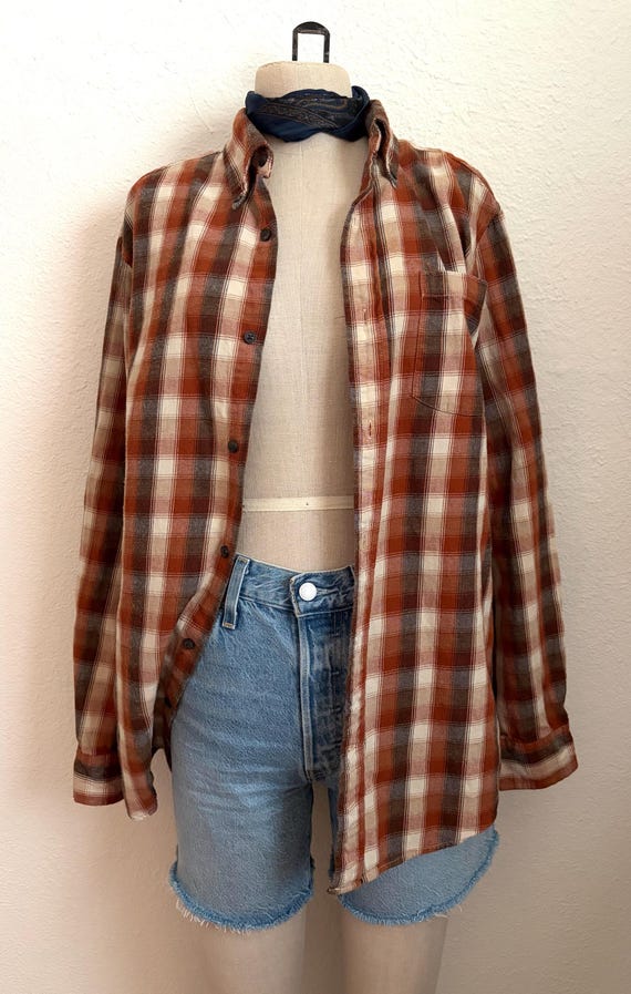 Vintage St. John's Bay Orange Plaid Flannel Shirt | Men's Medium 100% Cotton Button-Up