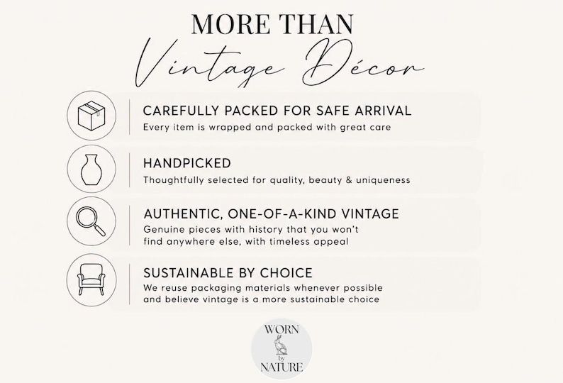 May include: An informational graphic titled MORE THAN Vintage D&eacute;cor. It features four circular icons: a box, a vase, a magnifying glass, and an armchair. Each icon corresponds to text describing business practices, including WORN BY NATURE branding.