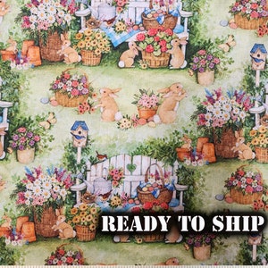 Spring Easter Garden Bunny and Friends Fabric Licensed Susan Winget - By The Yard, FQ - Easter Decor, Pillows, Quilting, Sewing Projects