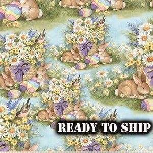 LOW STOCK Licensed Easter Garden Bunny/Rabbit Cotton Fabric Susan Winget - Half Yard, REMNANTS - Easter Decor, Pillows, Quilting