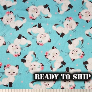 LOW STOCK Precious Kitty Cat with Pink Rose Bow, Cotton Fabric - Half Yard, Remnants - Pet Sewing Projects