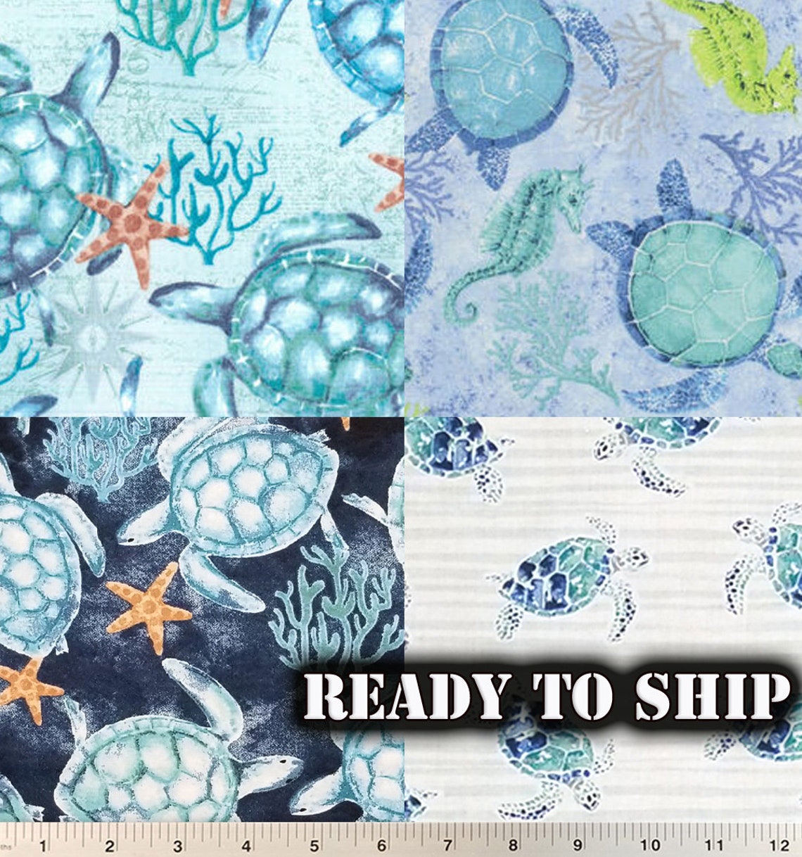 Sea Turtles Cotton Fabric Mix Beach Ocean By The Yard FQ Etsy