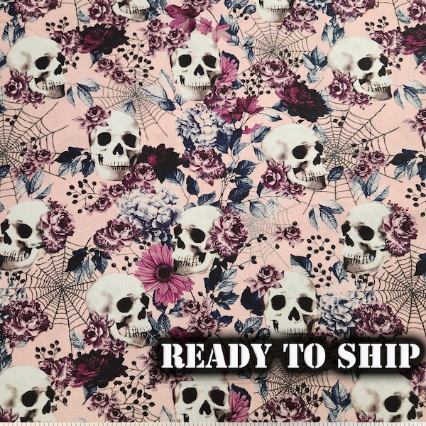 Pink Floral Skulls and Spiderweb Halloween Fabric - By the Yard, FQ -Halloween Decor, Halloween Apparel, Costumes, Pillows