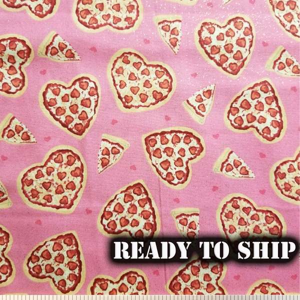 LOW STOCK Cute Heart Pizza Heart Pepperoni Glitter Valentines Day Fabric - Fat Quarter, Remnant - Heart Decor, Valentines Sewing Projects
