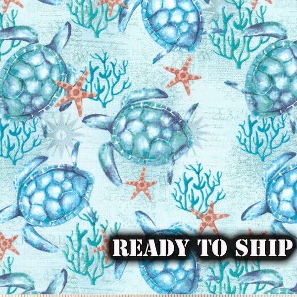 Sea Turtles and Starfish, Beach, Ocean, Coastal - By the Yard, 1/2 Yard, FQ, Remnants - Sewing Projects