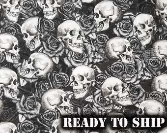 Spooky Skulls and Roses Fabric - Halloween Cotton Sewing Fabric