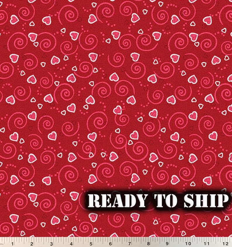 Hearts and Scrolls Red Glitter Valentines Day Fabric - By the Yard, Fat Quarters - Face Mask, Pillows, Sewing Fabric 