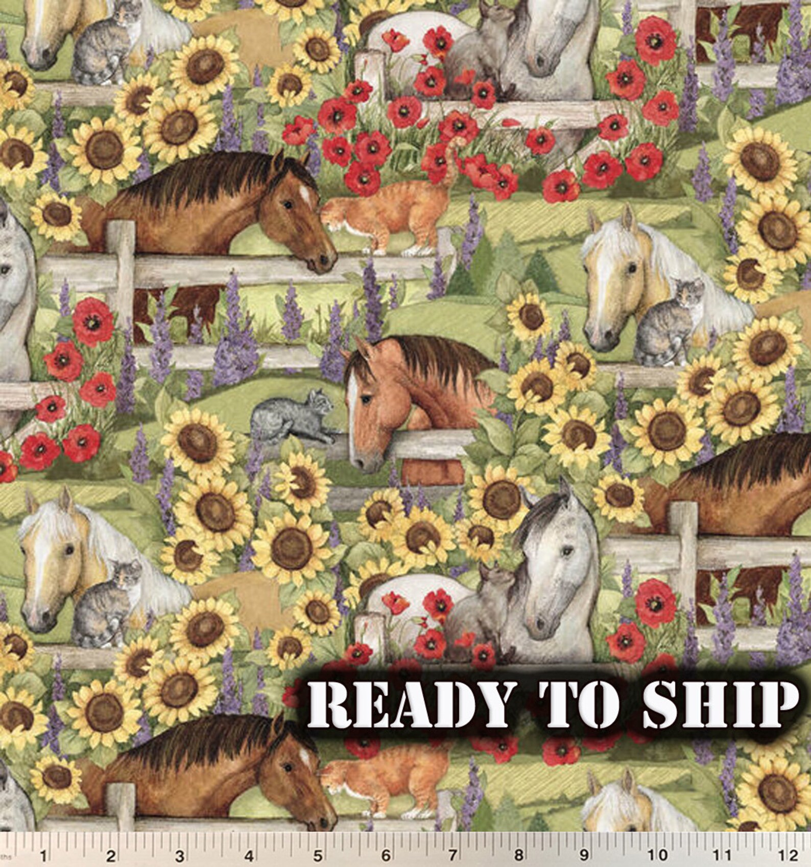 Horse and Sunflowers Harvest Fall Cotton Fabric Susan Winget Etsy