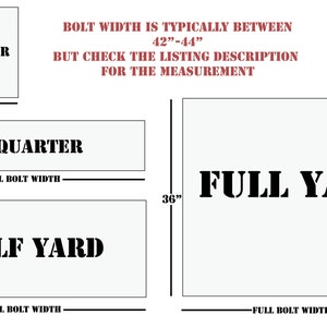 May include: Diagram showing the different sizes of fabric cuts, including a fat quarter, 9" quarter, half yard, and full yard. The bolt width is typically between 42" and 44", but check the listing description for the measurement.