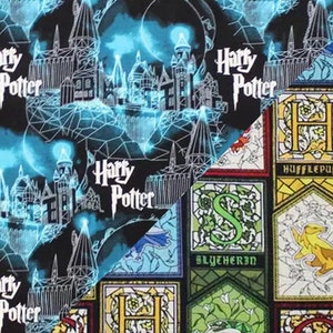 May include: Fabric featuring a repeating pattern with the words "Harry Potter" in white script. The design includes a blue and white illustration of a castle and the Hogwarts house crests.