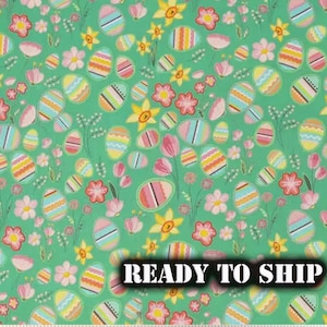 Colorful Eggs and Flowers on Green Easter Cotton Fabric - By The Yard, FQ - Sewing, Easter Decor, Easter Apparel, Pillow Fabric