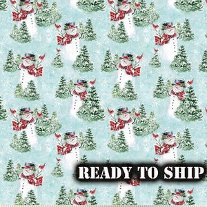 Licensed Susan Winget Cardinals and Snowman Christmas Cotton Fabric, Snowman Scenic - By the Yard, Half Yard, FQ - Christmas Sewing Projects