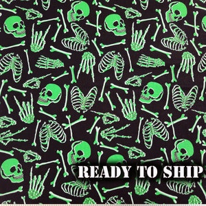 Glow in the Dark Skeleton Skulls and Bones Halloween Cotton Fabric - By the Yard, 1/2 Yard, FQ - Costumes, Halloween  Decor