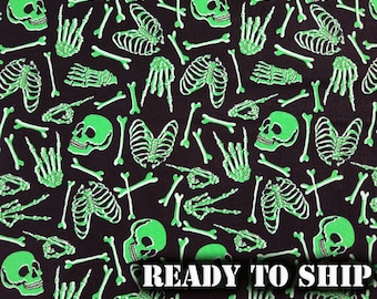 Glow in the Dark Skeleton Skulls Cotton Fabric - Halloween Costume Decor