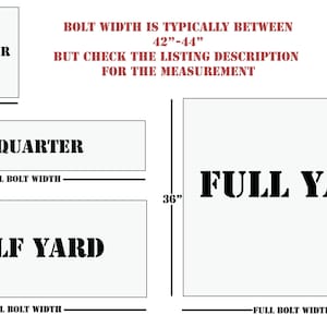 May include: Diagram showing different fabric cuts and their corresponding names and measurements. The cuts include a fat quarter, 9" quarter, half yard, and full yard. The bolt width is typically between 42" and 44".