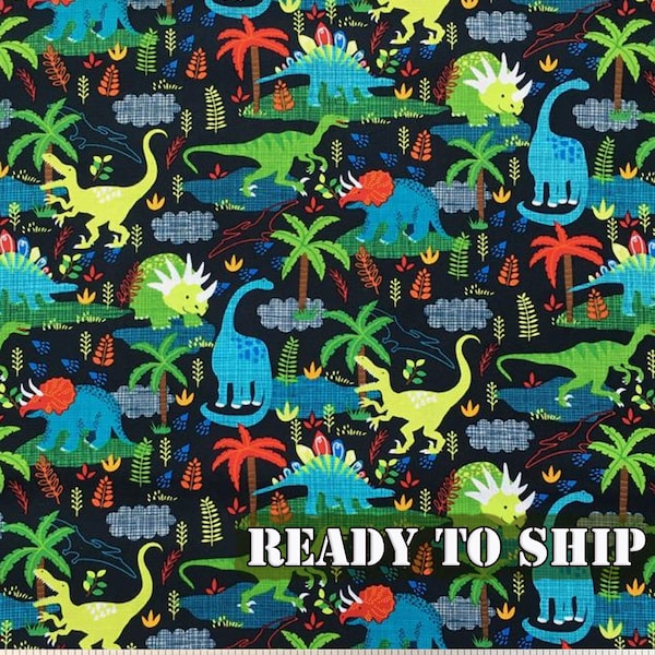 Lively Dino on Navy Childrens Cotton Fabric - By The Yard, FQ - Sewing, Kids Decor and Apparel, Slip Cover Fabric