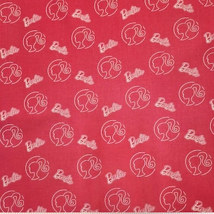 LICENSED Barbie Pink Logo Fabric - Classic Barbie Doll Head Toss Cotton Fabric - By The Yard, Half Yard, FQ