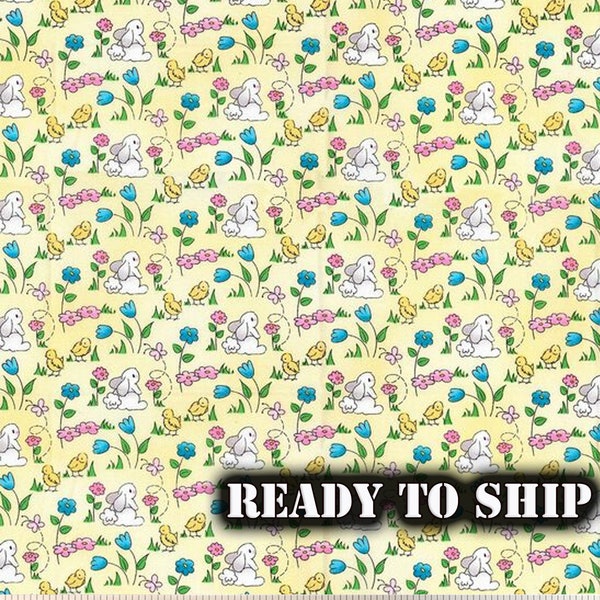 LOW STOCK Easter Bunny Rabbit with Chicks and Flowers Cotton Fabric, Patty Reed - Half Yard, Remnants - Easter Decor