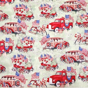 LOW STOCK Licensed Susan Winget Red Trucks and Wagons - By The Yard, Half Yard, FQ  - Patriotic Holiday Sewing Projects