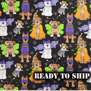 LOW STOCK Adorable Dogs in Costume Halloween Cotton Fabric - Half Yard - Halloween Decor, Costumes, Quilting, Sewing, Pillows