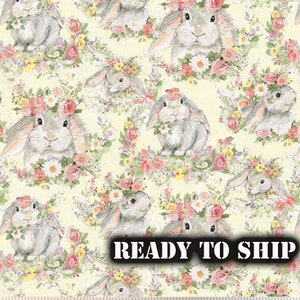 Cute Spring Bunny Cotton Fabric Licensed Susan Winget, Easter Bunnies with Flowers - By The Yard, FQ - Spring Decor, Easter Decor, Blankets