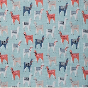 Llama Fabric, 100% Cotton - Llama on Blue - By the Yard, FQ - Quilting, Home Decor, Pillow Fabric