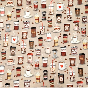Coffee Cups Cotton Fabric, Coffee Cafe - By the Yard, Half Yard, FQ - Coffee Shop Sewing Projects