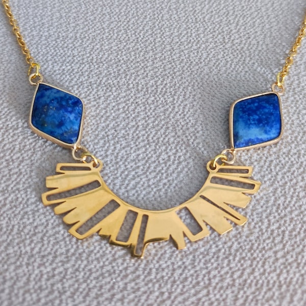 Collier pendentif de forme géométrique en Acier Inoxydable et Lithothérapie avec Lapis-Lazuli