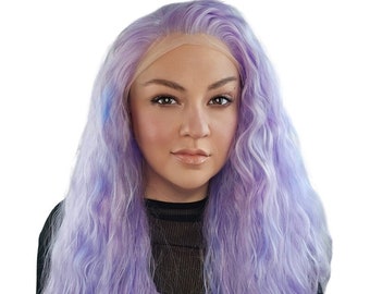 Pink Purple Lavender Blue Graffiti Highlights Heat Friendly Synthetic Hair Glueless Free Part Swiss Lace Front Wig