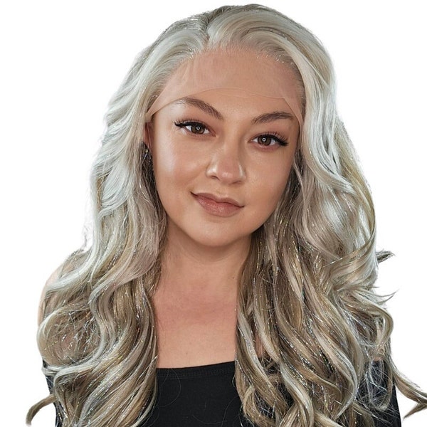 Silver Holographic Tinsel Brunette Cool Blonde Highlights Synthetic Loose Curl Free Part Glueless Long Lace Front Wig