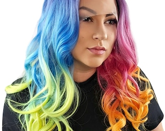 Ombre Bright Color Blocked Purple Orange Blue Lime High Temperature Synthetic Glueless Lace Front Wig