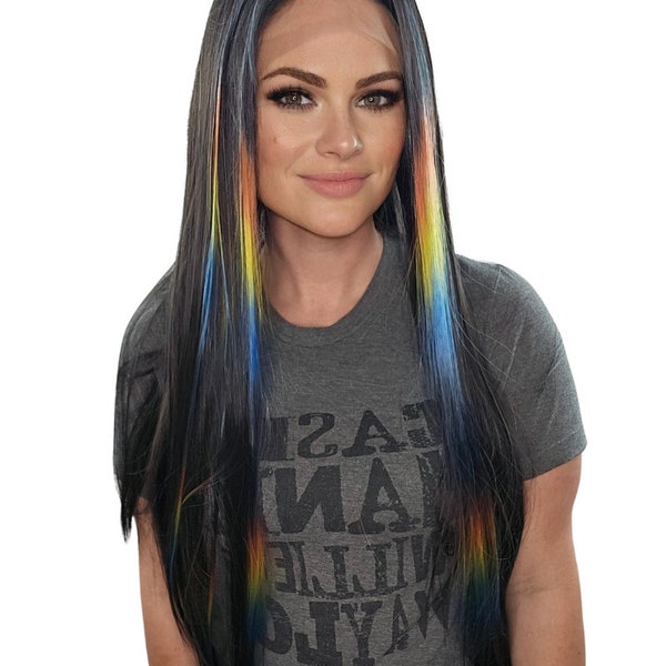 Rainbow Pride Highlight Money Piece Matte Dark Brunette Black Straight Futura Fiber Synthetic Free Part Low Density Lace Front Wig