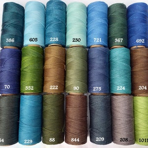 Può includere: Una collezione di 21 bobine di filo in varie tonalità di verde, blu, marrone e grigio. Ogni bobina è etichettata con un numero.