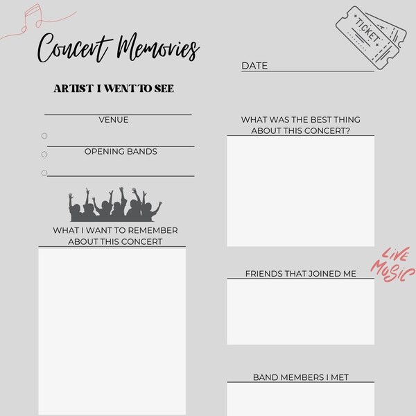 Concert Memories Printable Journal Page/Digital Download