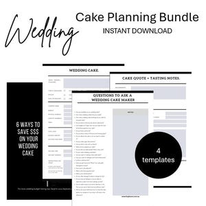 May include: A black and white printable wedding cake planning bundle with four templates. The templates include a wedding cake checklist, questions to ask a wedding cake maker, a cake quote form, and tasting notes.