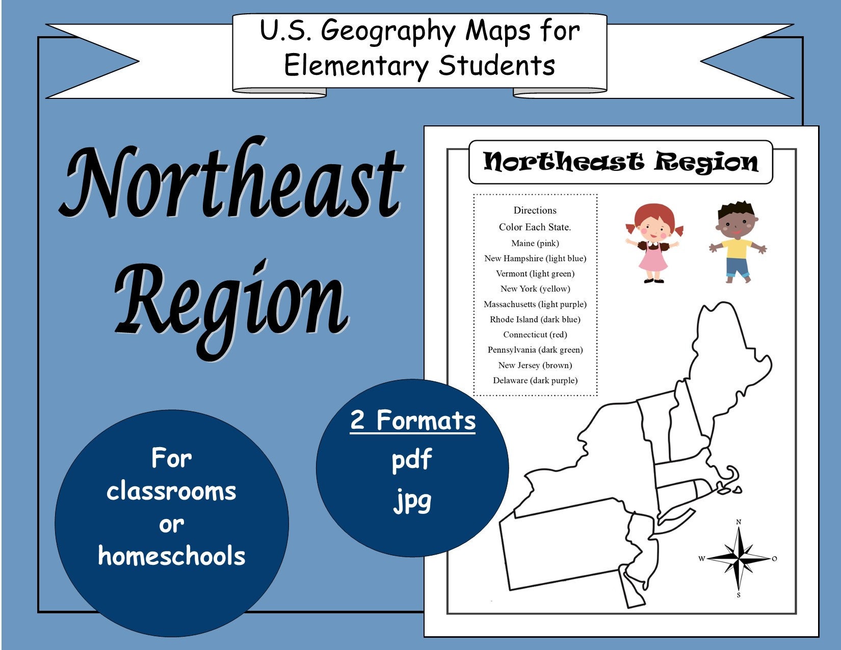 U.S. Geography Map Worksheets PRINTABLE for Elementary School Students ~ Northeast Region ~ Plus Bonuses ~ DIGITAL Download