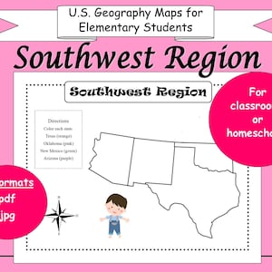 U.S. Geographie Karte Arbeitsblätter PRINTABLES für Grundschule - Südwest-Region - Plus Boni - DIGITAL Download