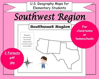 U.S. Geography Map Worksheets PRINTABLES for Elementary School ~ Southwest Region ~ Plus Bonuses ~ DIGITAL Download
